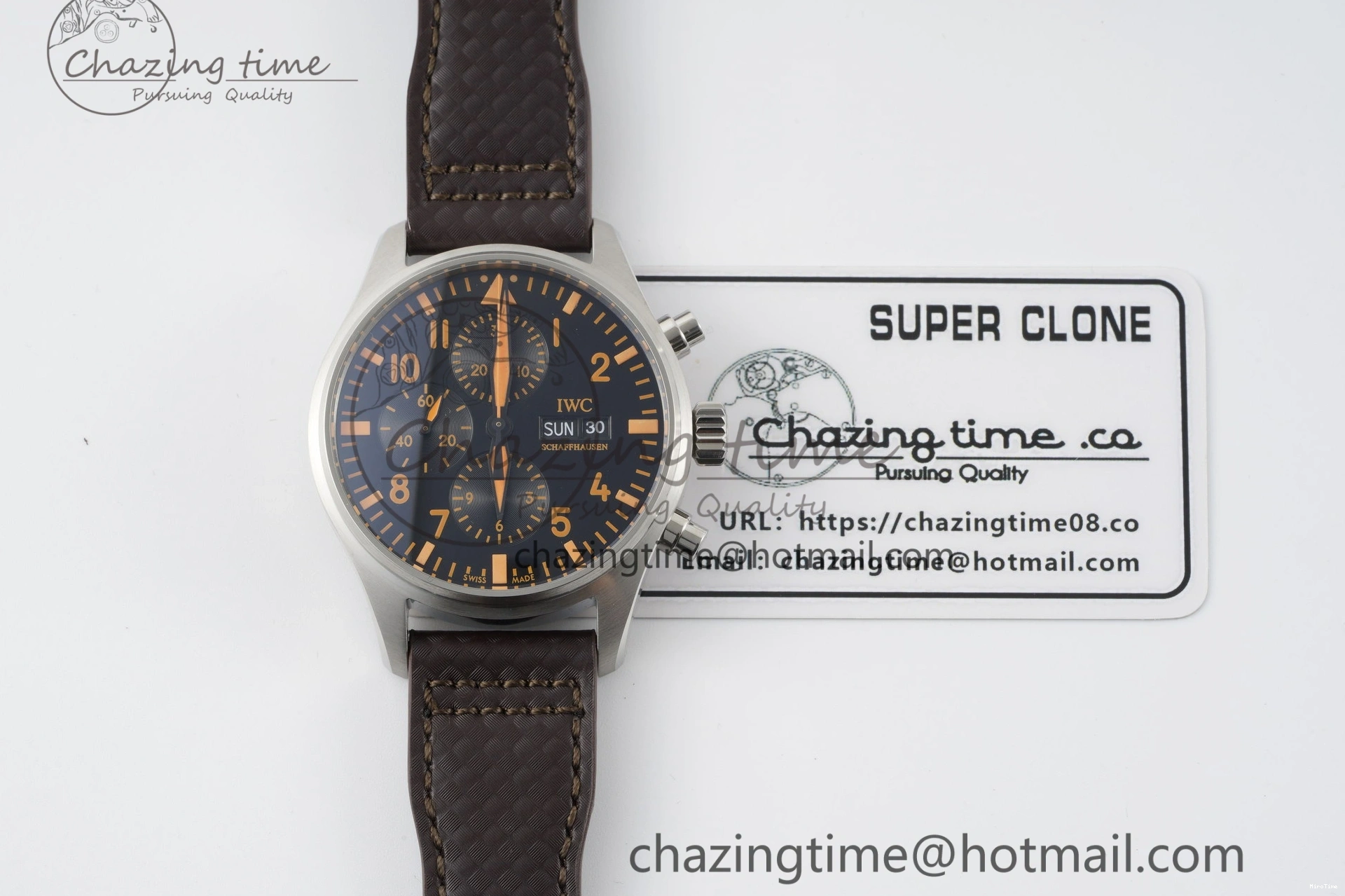 MIROTIME 0503 Pilot Chrono SS AZF 1:1 Best Edition Black Dial Orange Markers on Brown Leather Strap A EasyCare 7065